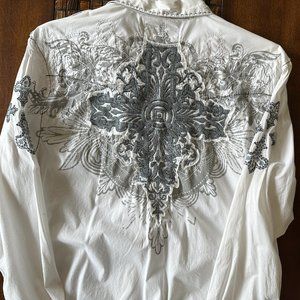 ROAR Men's Med White Embroidered Distressed Long Sleeve Button Shirt